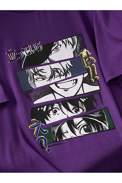 MAGORS Anime Printed Oversize Βαμβακερό μωβ μπλουζάκι