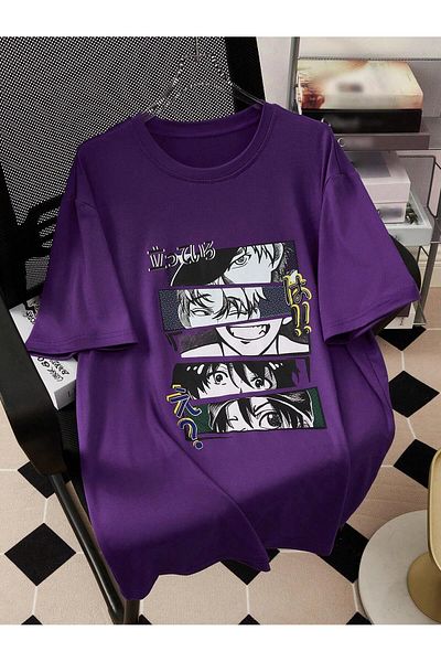 MAGORS Anime Printed Oversize Βαμβακερό μωβ μπλουζάκι