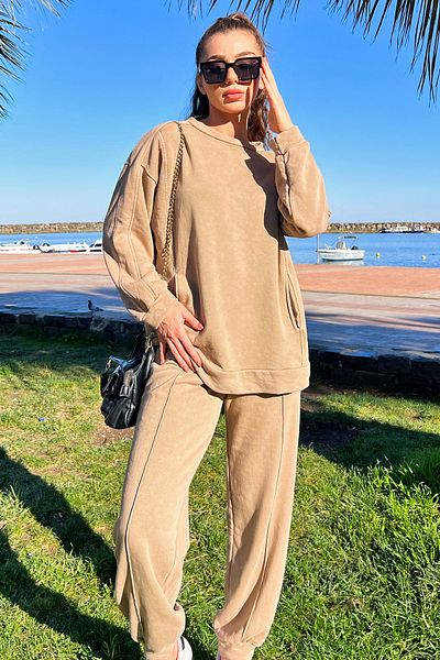 GÜLSELİ Mink Crew Neck Grassy Leg Ribbed Sweat Tracksuit Set of 2