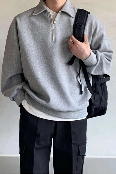 Vio Belle Erkek Gömlek Yaka Oversize Yarım Fermuarlı Sweatshirt