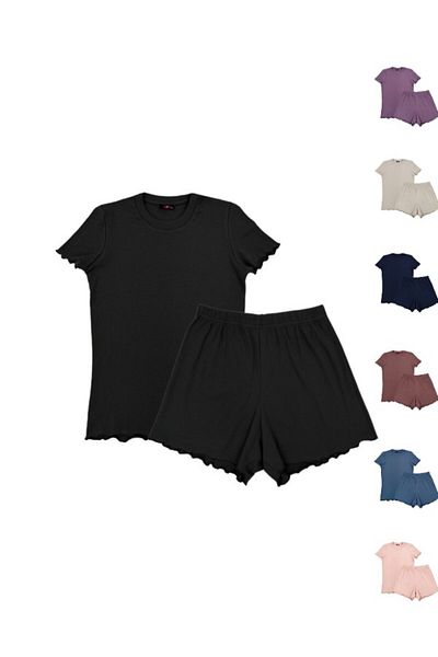 ŞahTan Cotton Ribbed Short Sleeve T-shirt and Shorts Women's Pajamas Set