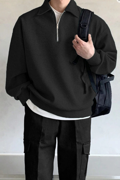 Vio Belle سويت شيرت رجالي بياقة قميص كبير الحجم بنصف سحاب