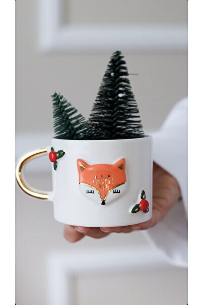 BuNeBox 24k Gerçek Altın Dekorlu El Yapımı Kokina Tilki Seramik Mug Kupa