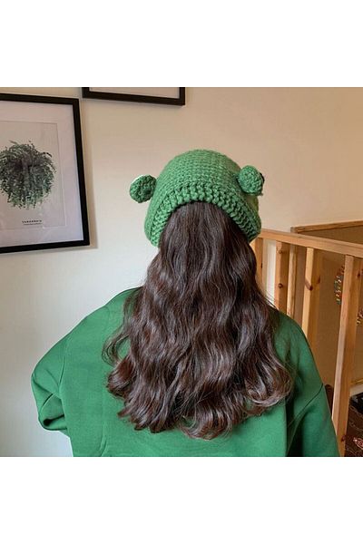 TRENDİN YOLU Green frog hat style Korean model long beret handmade