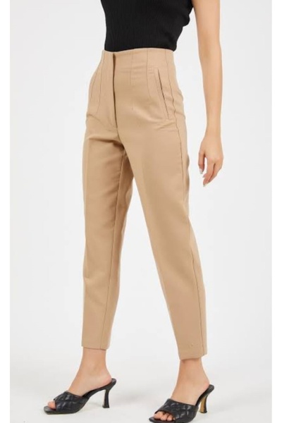 ZY BUTİK Sütlü Kahve Yüksek Bel Cotton Kumaş Havuç Pantolon