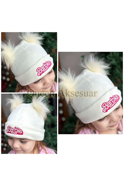 QUEEN AKSESUAR Trend fashion imported Barbie movie with pom pom pile pom pom beret hat children's hat cream white 0-6 years old