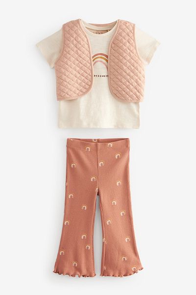 Next Baby Cotton Pink Rainbow Patterned Short Sleeve Vest Thisrt Tights Top and Bottom Set