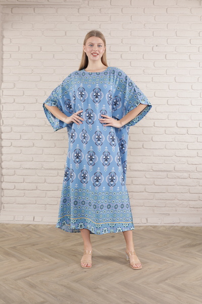 mervemoda Жіноче синє візерункове плаття з віскози великого розміру з тканої віскози довге плаття