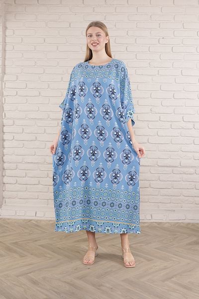 mervemoda Γυναικείο μακρύ φόρεμα από υφαντό βισκόζη με μπλε στάμπα