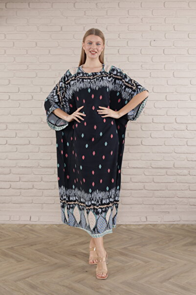 mervemoda Women's Black print plus size woven viscose dress long dress