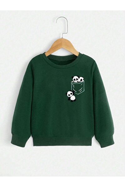 DUBU BUTİK Panda Pocket Cotton Children's Sweatshirt - Nefti Green Printed Gi...
