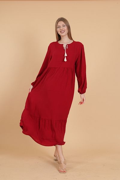 mervemoda Rochie de damă Burgundy cu mânecă lunga, lungime intreaga, tesuta Burgundy