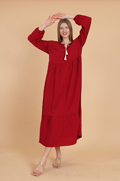 mervemoda Women's Burgundy long sleeve full length Burgundy woven dress