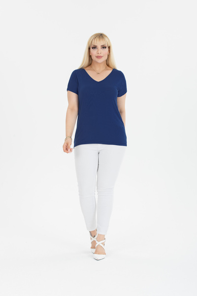 garajmood Saks Blue Large Size Blouse with V-Neck Detail on the Front and Back
