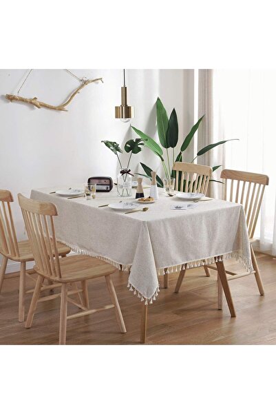 Zeren Home Натуральна скатертина з бахромою, гладка бавовняна та лляна, автентична