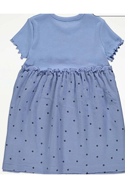 Genel Markalar Mavi Nervürlü Çiçekli Jarse Elbise