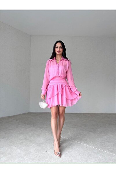 popibutik Üstü Transparan Gömlek Yakalı Mini Elbise