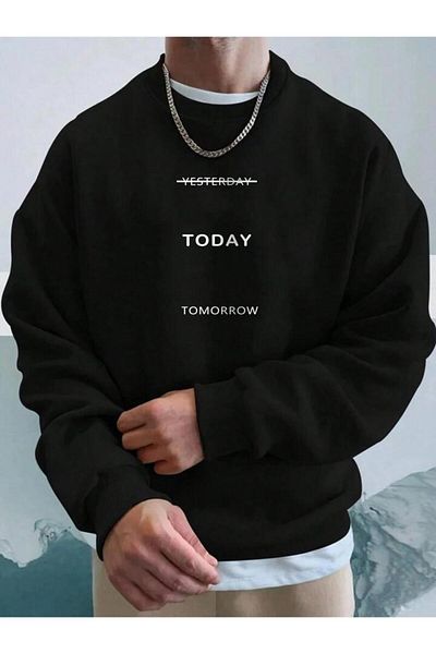 AEMİ Hanorac oversize cu gât negru, unisex, imprimat astăzi