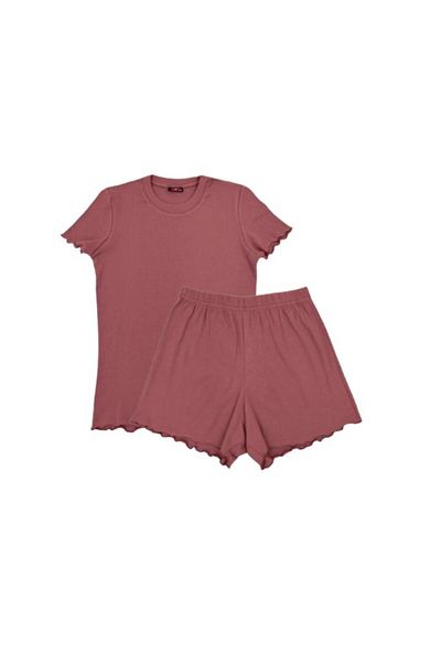 ŞahTan Cotton Ribbed Short Sleeve T-shirt and Shorts Women's Pajamas Set