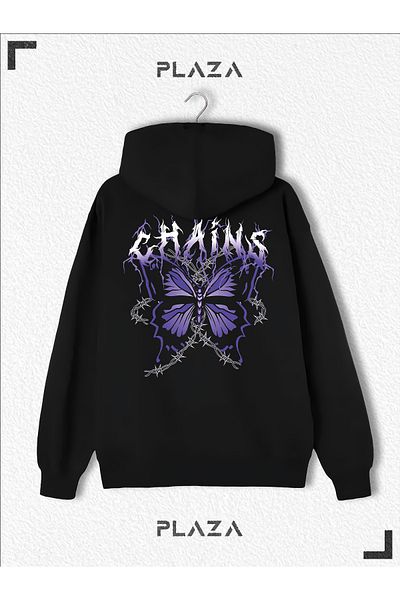 CANDEL Unisex Μαύρο φούτερ Oversize - Εκτύπωση στην πλάτη με αλυσίδες, με κουκούλα
