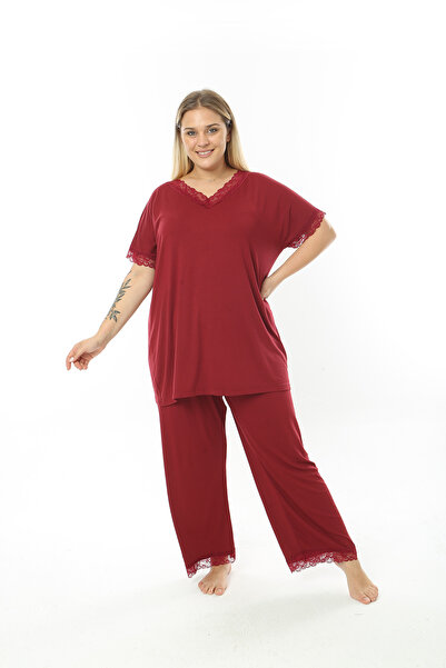MODA LİZZA Women's Large Size Claret Red 2-Piece Pajama Set