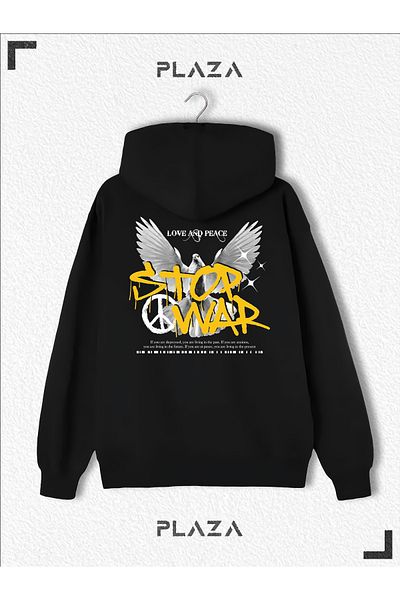 CANDEL Φούτερ με στάμπα Love and Peace Unisex Μαύρη κουκούλα Oversize