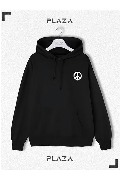 CANDEL Φούτερ με στάμπα Love and Peace Unisex Μαύρη κουκούλα Oversize