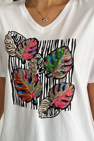 FEMELLE Women's White V-Neck Large Size Leaf Pattern Sequin Embroidered 100% Cotton Large Size T-Shirt