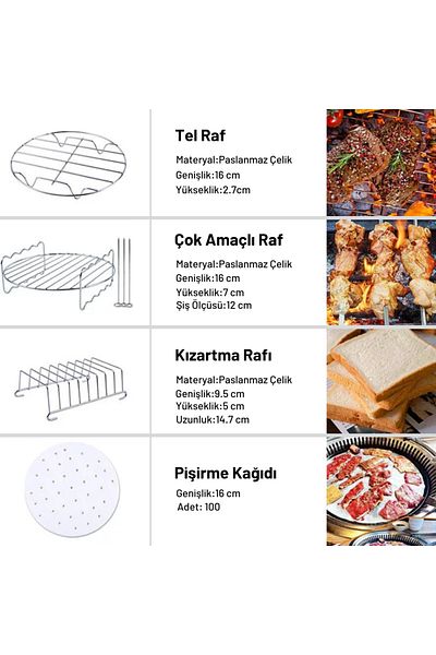 Yui Xiaomi, Philips, Tefal, Kumtel Compatible 4.5 Liter 7 Inch Air Fryer 12 Pieces Spare Parts Set