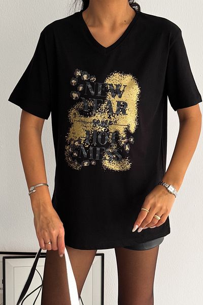 FEMELLE Women's Black V-Neck Sequin Embroidered 100% Cotton Large Size T-Shirt
