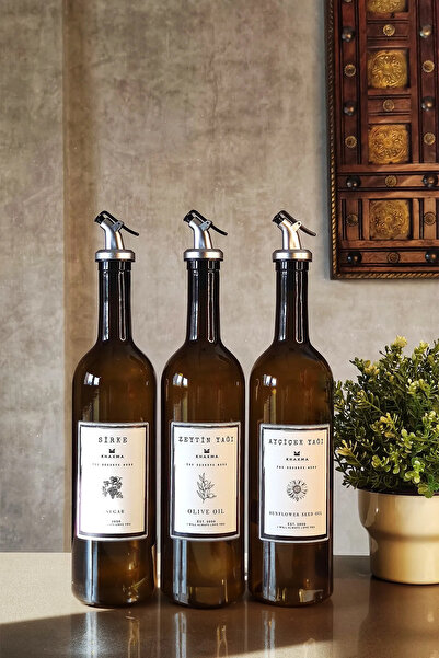 KHAKMA Amber Zeytinyağı Ayçiçek Yağı Sirke Şişesi Yağdanlık 3lü Set 750ml -stantsız B3750-sz