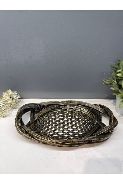 Peramari Dekoratif Polyester Tekli Hasır Sunumluk Tepsi Gold Siyah Eskitme