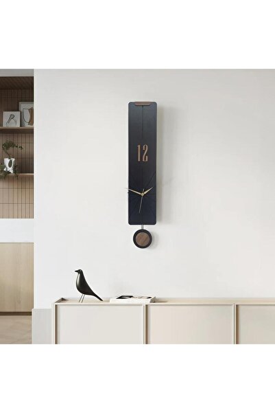CajuArt Modern Uzun Ahşap Siyah Çarpraz Çizgili Sarkaçlı Duvar Saati