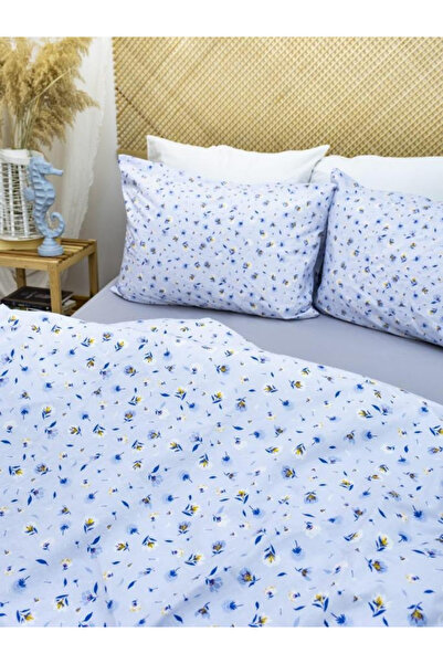 ELY PARKER 100% Cotton Single Duvet Cover Set Flower Patterned White-Blue Without Sheets