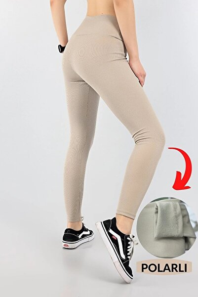 Dea Giyim Bež visokog struka Rebrasto sportske leggins Elastično udobne