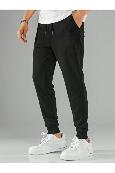 FİTGO Βασικό μαύρο ριμπ παντελόνι φόρμας