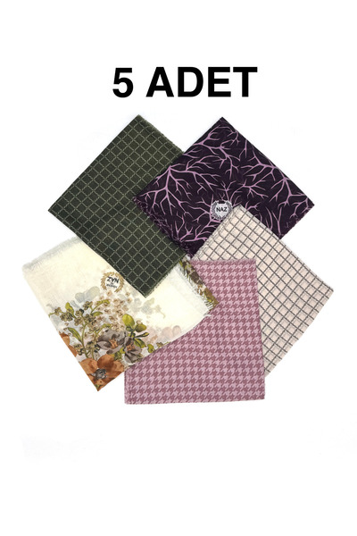 nazipek 5'li Paket %100 Pamuklu Karışık Desen Yazma Sökme Eşarp 100x100 Topta...