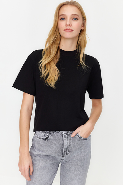 Trendyol Collection 2er-Pack Basic-Strick-T-Shirts mit Stehkragen in Schwarz-Grau-Melange TWOSS20TS1500