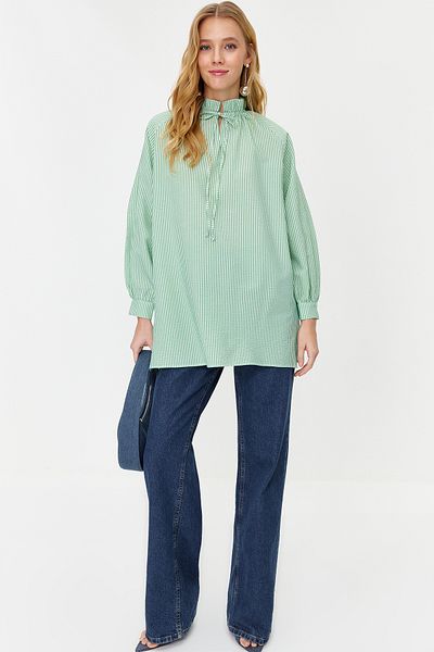 Trendyol Modest Mint Striped Comfortable Fit Seersucker Woven Tunic TCTSS24UK00013