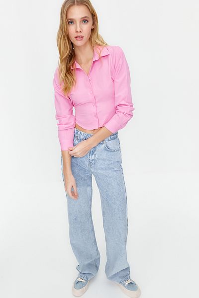 Trendyol Collection Rózsaszín Crop Cotton Woven Back részletes ing TWOSS21GO0167