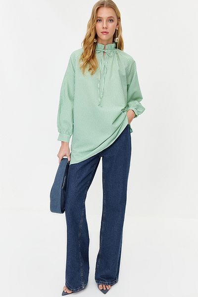 Trendyol Modest Mint Striped Comfortable Fit Seersucker Woven Tunic TCTSS24UK00013