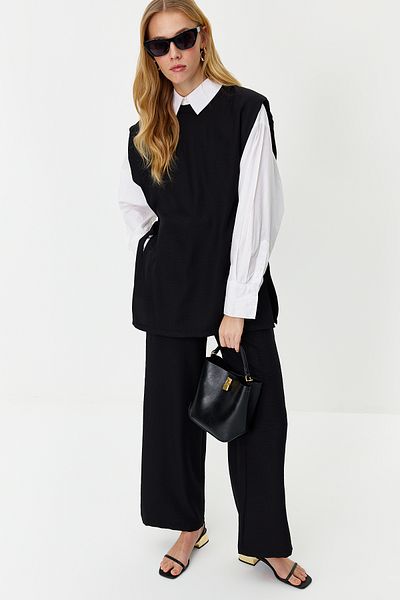 Trendyol Modest Schwarzes Leinen-Look-Set mit gewebter Unterseite und Oberteil, seitlich gebunden, TCTSS24US0001
