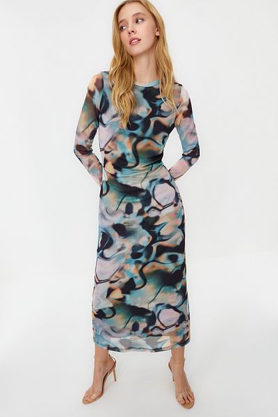 Trendyol Collection Rochie albastră, fără spate, cu mânecă lungă imprimată din tul, tricotată elastică TWOSS24EL00115