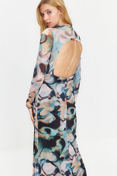Trendyol Collection Rochie albastră, fără spate, cu mânecă lungă imprimată din tul, tricotată elastică TWOSS24EL00115