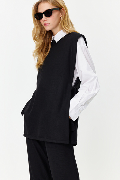 Trendyol Modest Μαύρο λινό σετ πλαϊνής γραβάτας υφαντό στο κάτω μέρος TCTSS24US0001