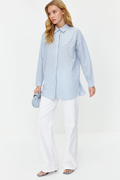 Trendyol Modest Modrá perleťová bavlněná košile TCTSS24TG00032