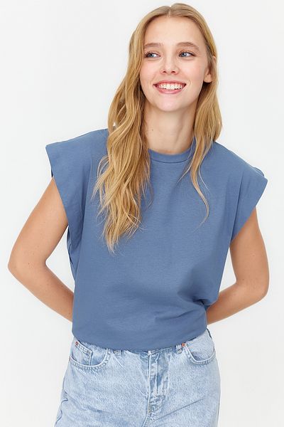 Trendyol Collection Indigo Basic-T-Shirt aus 100 % Baumwolle mit Rundhalsausschnitt – TWOSS20TS0021