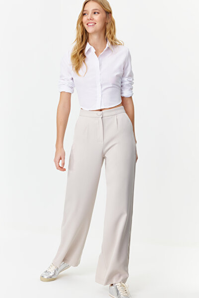 Trendyol Collection Šedé plisované tkané kalhoty se širokými nohavicemi TWOSS21PL0189