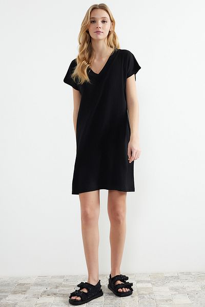 Trendyol Collection Black Wrapped/Textured V-Neck Shift/Plain Knitted Mini Dress TWOSS24EL00404