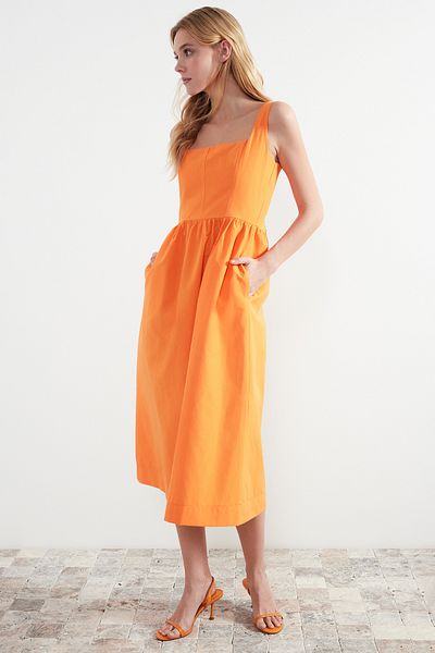 Trendyol Collection Orange Waist Midi Corset Woven Dress with Sewing Detail TWOSS24EL00038